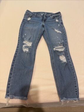 Women’s Distressed Crop Blue Jeans - Classic Midwash